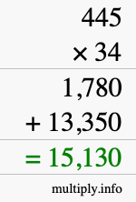 How to calculate 445 times 34 using long multiplication