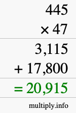 How to calculate 445 times 47 using long multiplication