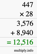 How to calculate 447 times 28 using long multiplication