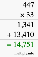 How to calculate 447 times 33 using long multiplication