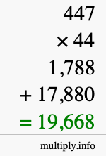 How to calculate 447 times 44 using long multiplication