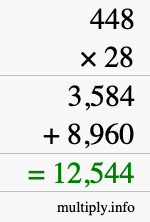 How to calculate 448 times 28 using long multiplication