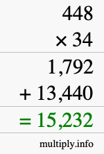 How to calculate 448 times 34 using long multiplication
