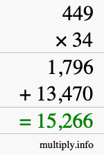 How to calculate 449 times 34 using long multiplication