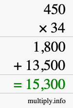 How to calculate 450 times 34 using long multiplication