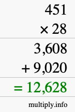 How to calculate 451 times 28 using long multiplication