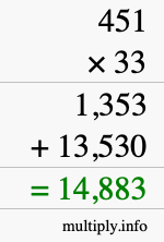 How to calculate 451 times 33 using long multiplication