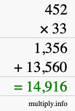 How to calculate 452 times 33 using long multiplication