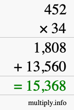 How to calculate 452 times 34 using long multiplication