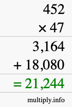 How to calculate 452 times 47 using long multiplication