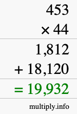 How to calculate 453 times 44 using long multiplication