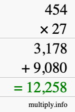 How to calculate 454 times 27 using long multiplication How to calculate 454 times 27 using long multiplication