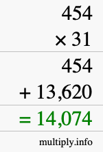 How to calculate 454 times 31 using long multiplication