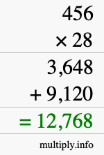 How to calculate 456 times 28 using long multiplication