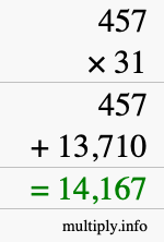 How to calculate 457 times 31 using long multiplication