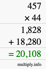 How to calculate 457 times 44 using long multiplication