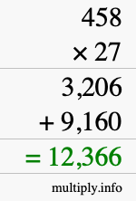 How to calculate 458 times 27 using long multiplication