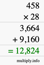 How to calculate 458 times 28 using long multiplication