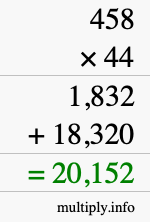 How to calculate 458 times 44 using long multiplication