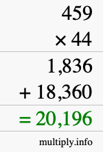 How to calculate 459 times 44 using long multiplication
