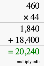 How to calculate 460 times 44 using long multiplication