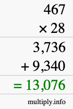How to calculate 467 times 28 using long multiplication