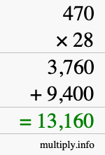 How to calculate 470 times 28 using long multiplication