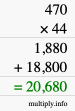 How to calculate 470 times 44 using long multiplication