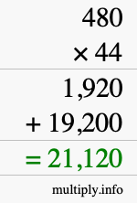 How to calculate 480 times 44 using long multiplication