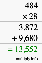 How to calculate 484 times 28 using long multiplication