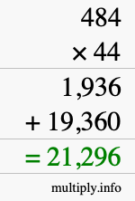 How to calculate 484 times 44 using long multiplication