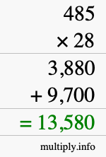 How to calculate 485 times 28 using long multiplication