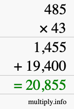 How to calculate 485 times 43 using long multiplication