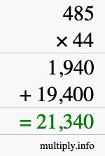 How to calculate 485 times 44 using long multiplication