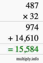 How to calculate 487 times 32 using long multiplication