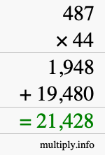 How to calculate 487 times 44 using long multiplication