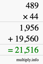 How to calculate 489 times 44 using long multiplication