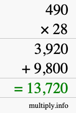 How to calculate 490 times 28 using long multiplication