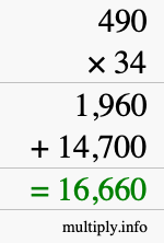 How to calculate 490 times 34 using long multiplication