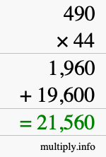 How to calculate 490 times 44 using long multiplication