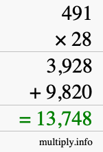 How to calculate 491 times 28 using long multiplication