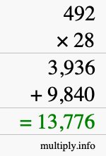 How to calculate 492 times 28 using long multiplication