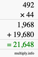 How to calculate 492 times 44 using long multiplication