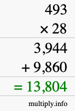 How to calculate 493 times 28 using long multiplication