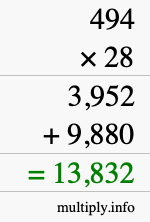 How to calculate 494 times 28 using long multiplication