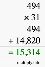 How to calculate 494 times 31 using long multiplication How to calculate 494 times 31 using long multiplication