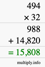 How to calculate 494 times 32 using long multiplication