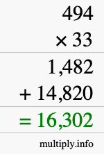 How to calculate 494 times 33 using long multiplication