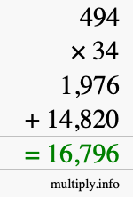 How to calculate 494 times 34 using long multiplication