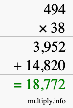 How to calculate 494 times 38 using long multiplication